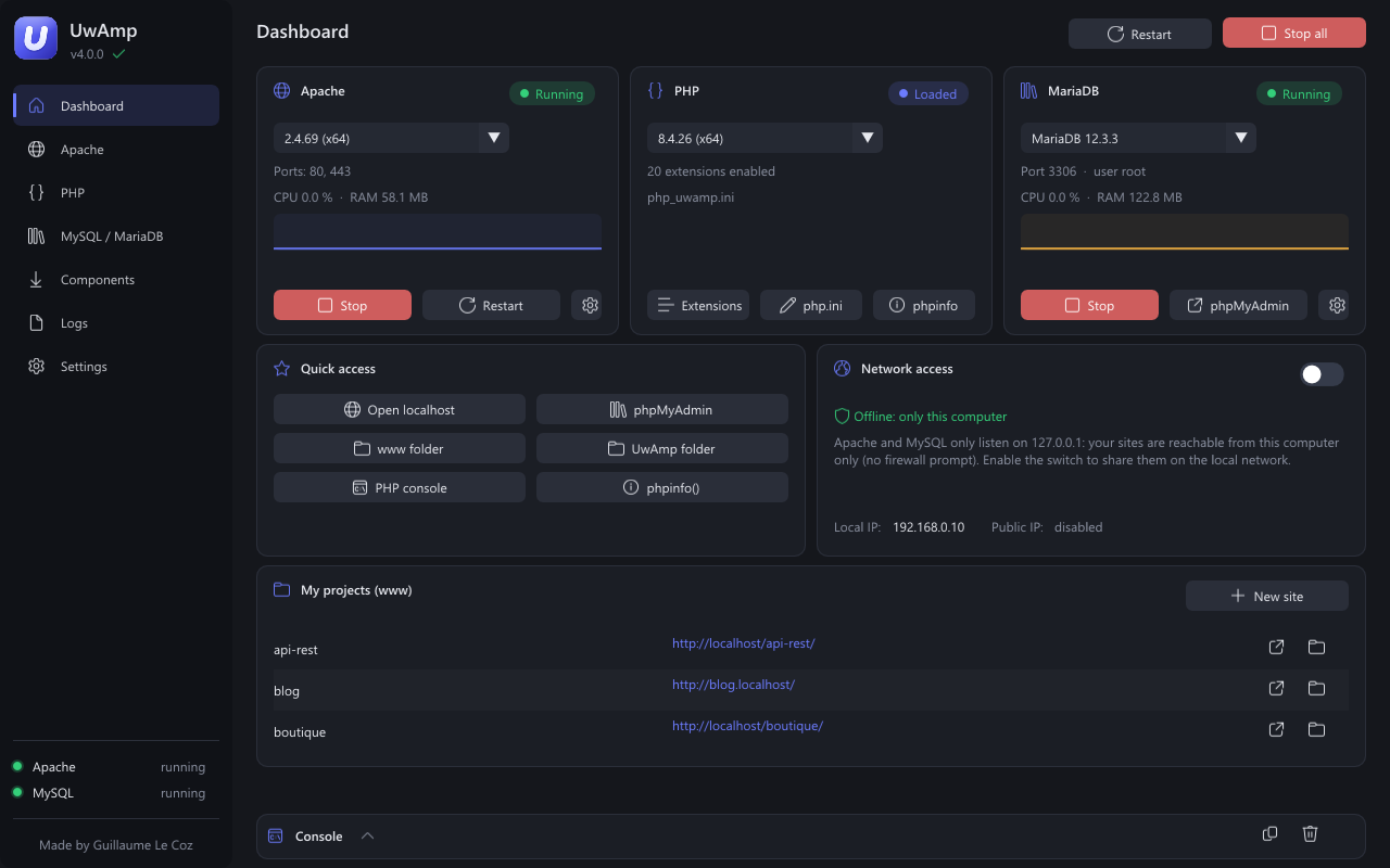 UwAmp dashboard: Apache, PHP and MariaDB running
